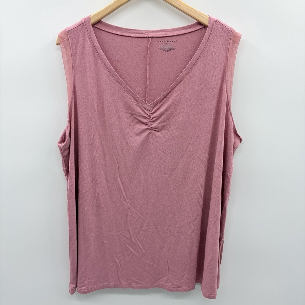 Lane Bryant Womens Plus Size 22/24 Sleeveless Ruched V Neck Top Mesh Trim 076